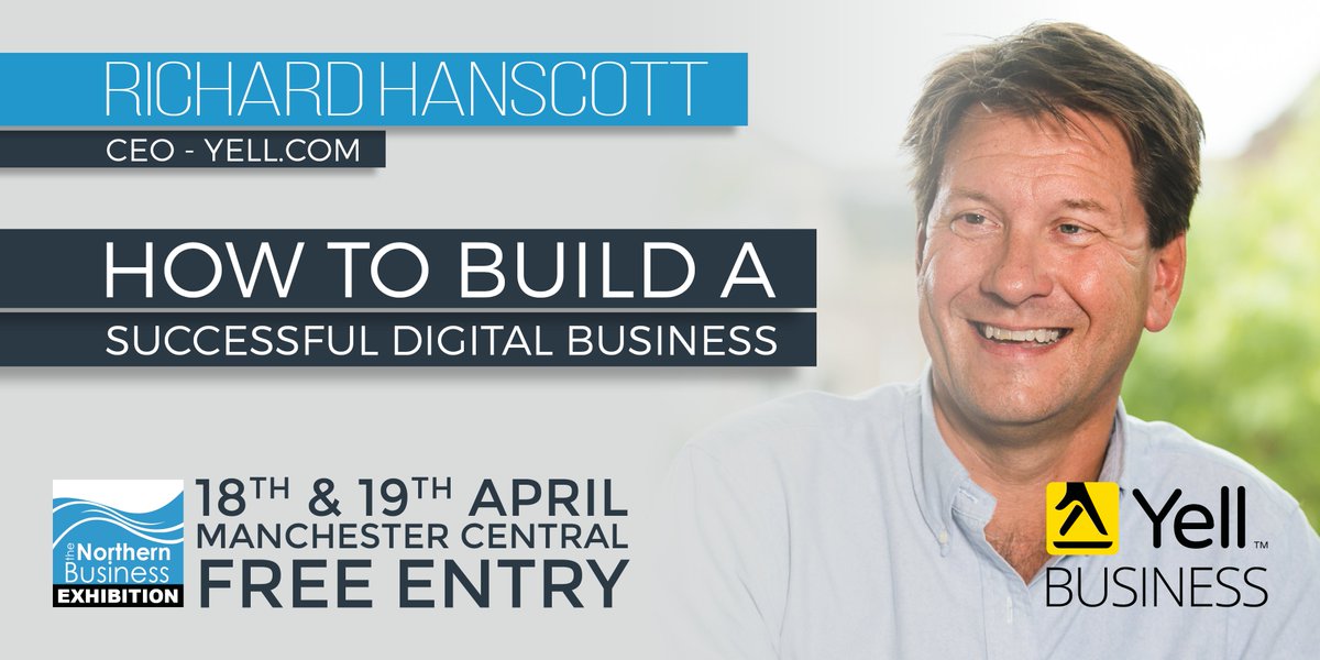 YellBusiness's tweet photo. Our CEO @richardhanscott will present a keynote speech @NorthernBizExpo in #Manchester on How to Build a Successful #DigitalBusiness. Register for FREE tickets here https://t.co/7crQRSeQvS #NBE18 #BizTips #B2B https://t.co/VQnQPz7dJH