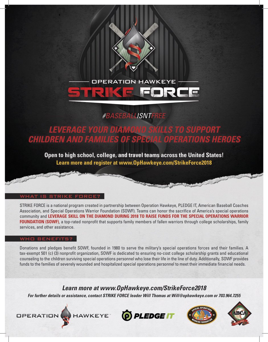 op_hawkeye's tweet photo. Over 900 special operators have died since 1980 so that we might live free, leaving behind over 1,100 children. Honor their sacrifice, lift their loved ones, with the power of your athleticism.  

Join #STRIKEFORCE2018 ⚾️

#BaseballIsntFree 🇺🇸

🔗 https://t.co/Nc4KrzzmQQ https://t.co/QTCVMSzRdd