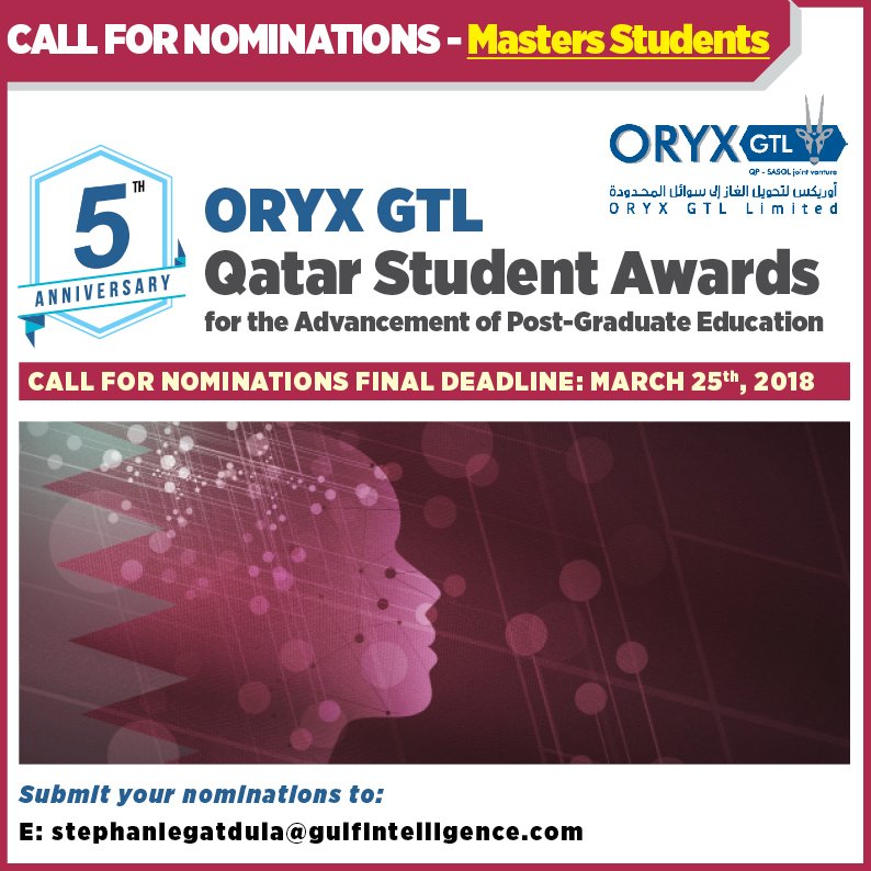 QStudentAwards's tweet photo. Calling all #mastersstudents! 📢 Deadline for nominations for The 5th @oryxgtl #Qatar Student Awards is on March 25th! Learn more here https://t.co/sVmiZl8OTI … @TAMUQ @HBKU @cnaq @QF @imperialcollege @QUResearch @TEESresearch #Graduate_studies #educationcity @QNRF #QFARC2018 https://t.co/Opb6AS8xxS