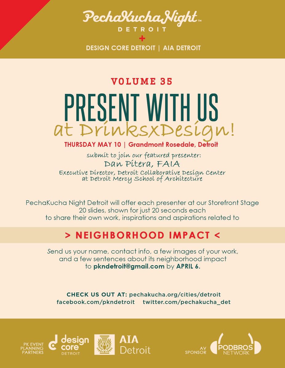 PechaKucha_DET's tweet photo. Creating a dialogue is the first collective step towards change. Submit your presentation by 4/6 to be considered for #PKNightDET V35: Neighborhood Impact on May 10th https://t.co/tN7xn8QSMY