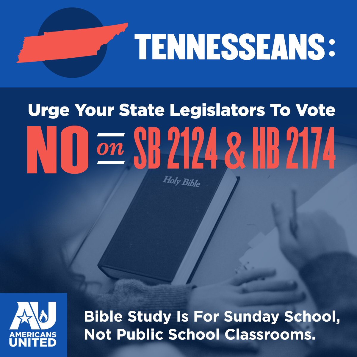 americansunited's tweet photo. Tennessee's State Legislature is considering two bills, #SB2124 & #HB2174, which would encourage public schools to provide elective courses on the Christian Bible. Tennesseans, urge your state legislators to oppose a public school class on the Bible #tnpol https://t.co/7Kcqf6dFJW https://t.co/1IRScEG40G