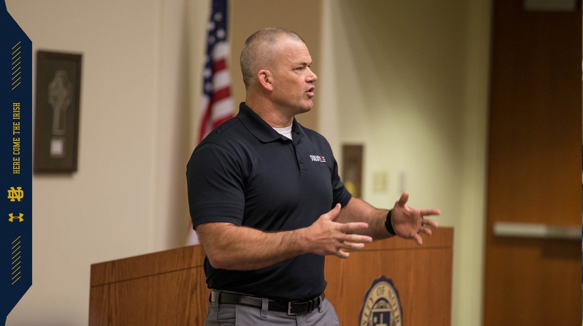 NDFootball's tweet photo. "The minute you let that complacency creep in, that’s when you’re going backward."

Thank you to @jockowillink for speaking with the team this morning on ownership and leadership. 

#GoIrish ☘ #4for40 https://t.co/gm4ZCjuPVn