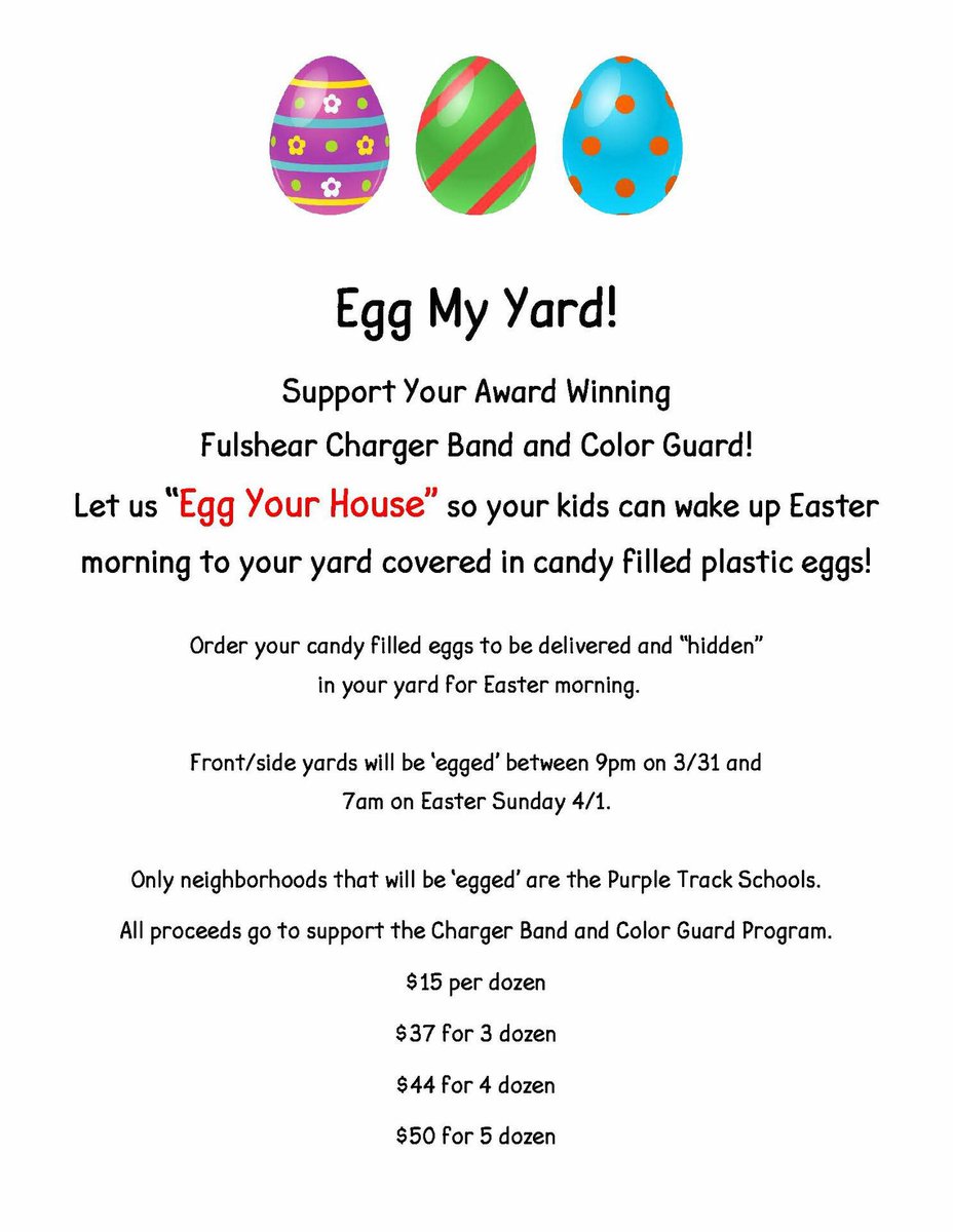 EASTER EGGS!!!! The CHARGER BAND will egg your house for Easter! Save yourself the hassle, support the band and make a true EASTER SURPRISE! form.jotform.com/80783702513152 email