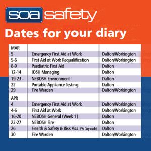 SOA_Safety's tweet photo. Upcoming Courses at SOA Safety include: Fire Warden Training, Emergancy First Aid and the  NEBOSH General Certificate course. To find out more visit  - https://t.co/PIbjafNHEb https://t.co/Lq5AjCdv08