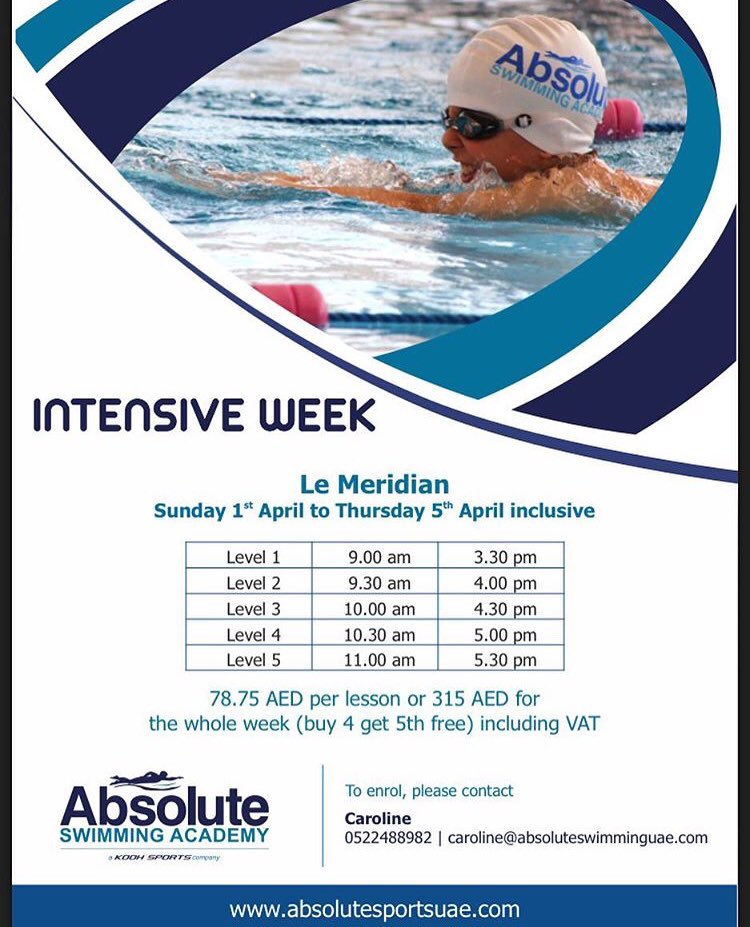 AbsoluteSwim's tweet photo. Limited spaces available for our learn to swim lessons during spring break!
Phone - 052 248 8982
#aKOOHsportscompany #swimming #swimmingclasses #borntoswim #water #happyswimmers #sport #AbsoluteSwimming #squadtraining #fun #pool #postoftheday #dubai #dxb #swimtowin #learntoswim https://t.co/9kPqKo2Gso