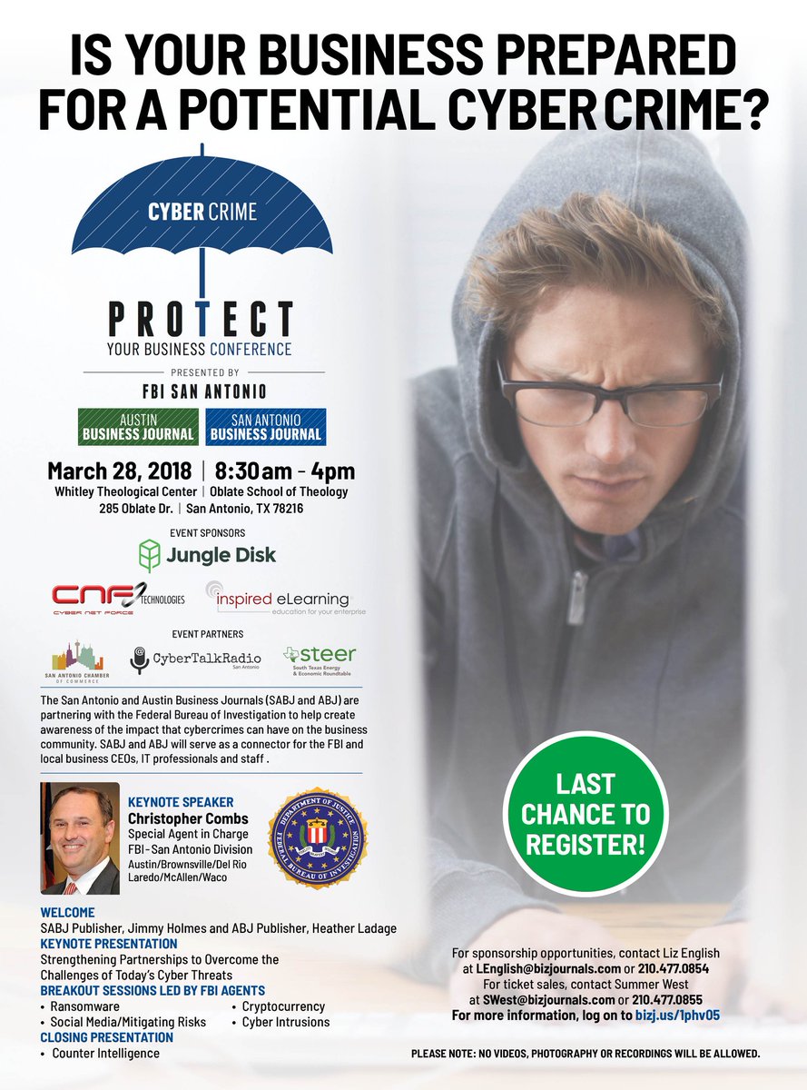 SABizJournal's tweet photo. Are you a CEO/business owner or IT professional? If so, you should consider joining us for the Protect Your Business Conference: Cyber Crime hosted by the FBI. 
DON'T MISS THIS LAST CHANCE TO REGISTER: 
https://t.co/7gSQbwyAjl https://t.co/kJoYN7w3J1
