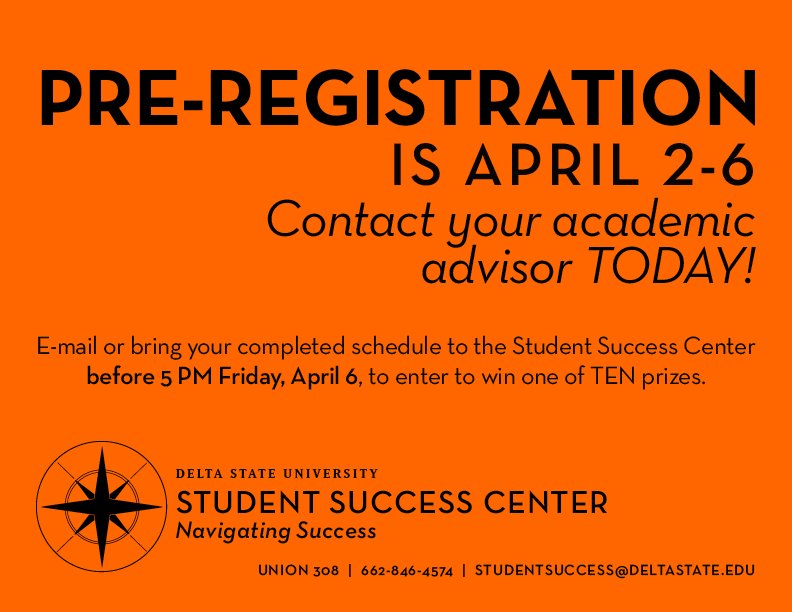 darlaapoole's tweet image. It's that time again! All current DSU students, be on the lookout for MORE chances to win. Our Pre-registration Information Stations are popping up all over campus to help you stay informed, earn chances to win prizes, and hopefully have a little fun too! #preregSP18