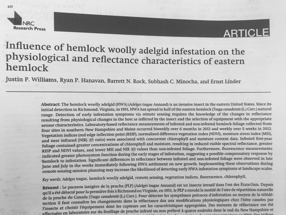 valpasq's tweet photo. 74 of #230papers Williams, J. P., et al. (2016). Influence of hemlock woolly adelgid infestation on the physiological and reflectance characteristics of eastern hemlock. Canadian Journal of Forest Research, 46(3), 410-426. https://t.co/g6P86jJxSP https://t.co/SPadwTBUql
