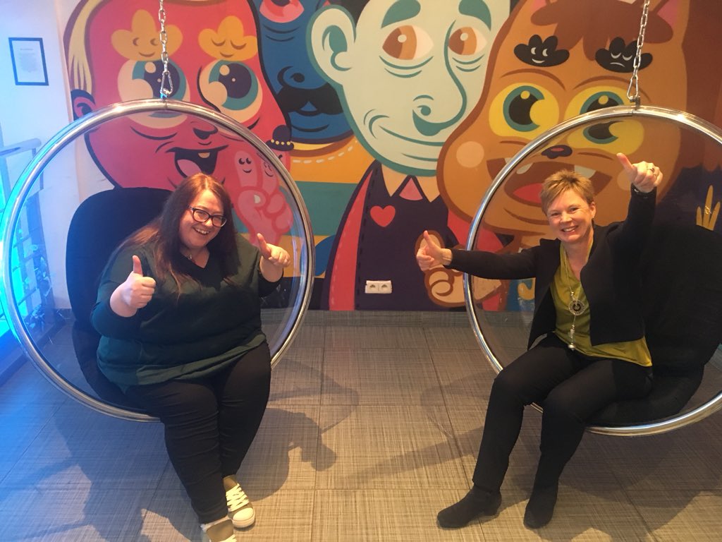 Dynamic duo- <a href="/URBACT/">URBACT</a> @TechTownEU #leadership team <a href="/aurora_european/">Alison Partridge</a> &amp; <a href="/Cr8tveBarnsley/">Tracey Johnson</a> getting in the zone for 2 day showcase of #city to city learning on #digital #jobs #skills The message is clear: #AdaptorDie