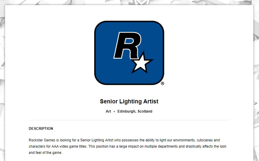 rockstarcareers's tweet photo. Rockstar North is hiring a Sr. Lighting Artist: https://t.co/dFfR108IO4 #careers #gamejobs #rockstargames #art #lighting https://t.co/ag2UzepefI