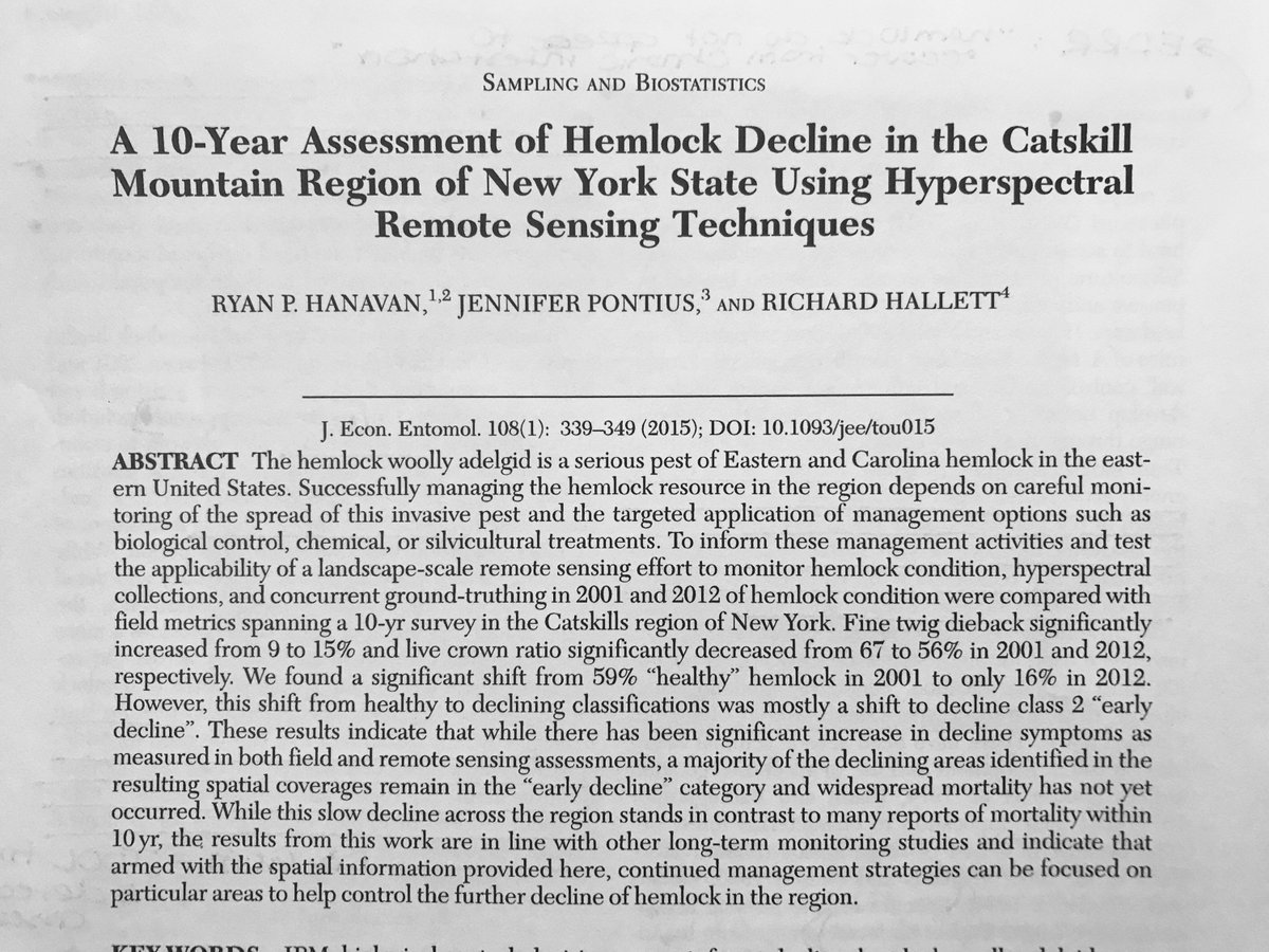 valpasq's tweet photo. 76 of #230papers Hanavan, R. P., Pontius, J., & Hallett, R. (2015). A 10-year assessment of hemlock decline in the Catskill Mountain region of New York State using hyperspectral remote sensing techniques. Journal of Economic Entomology, 108(1), 339-349. https://t.co/T48lmStzIz https://t.co/LX5xPmEtGG