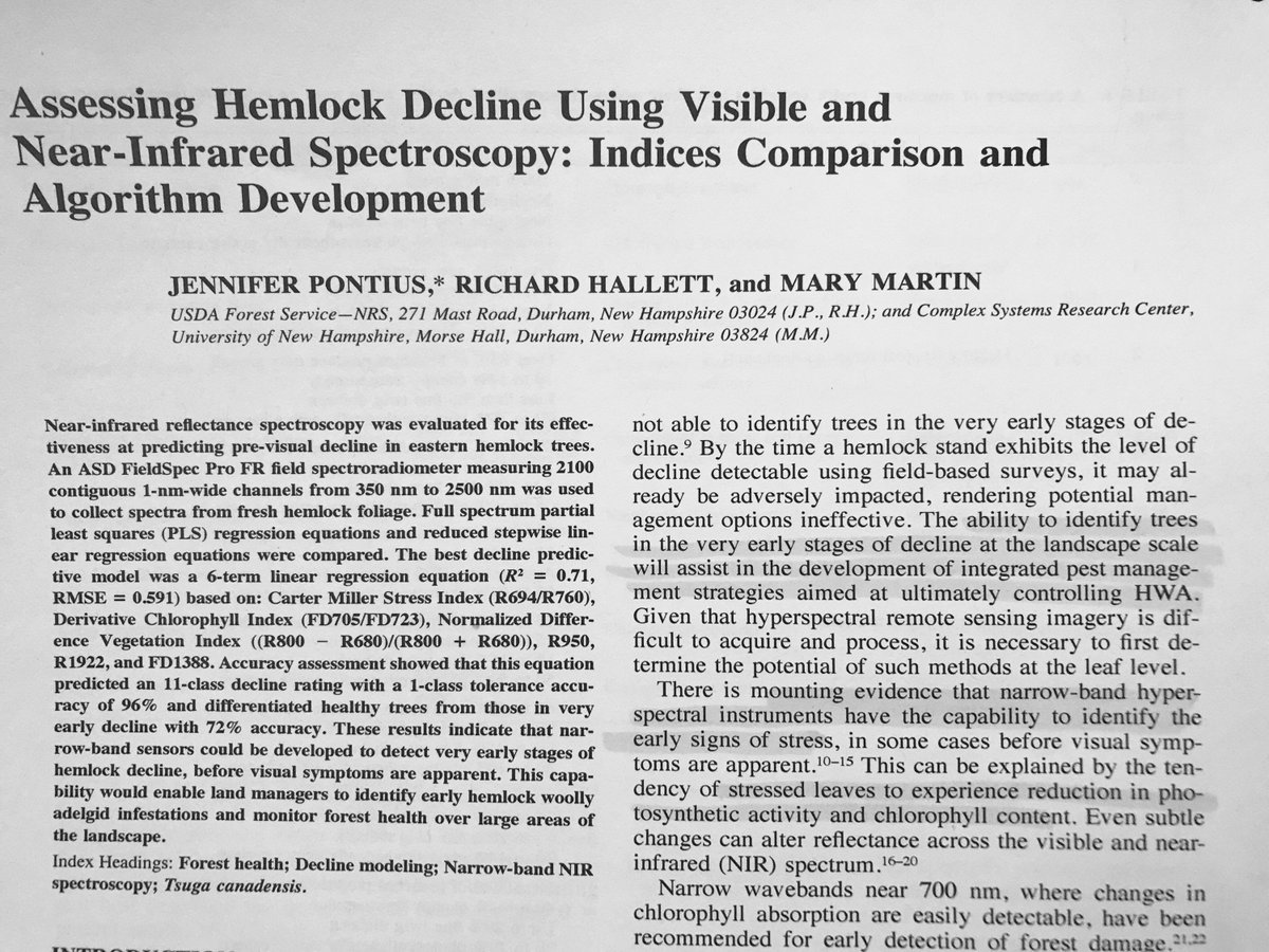 valpasq's tweet photo. 78 of #230papers Pontius, J., Hallett, R., & Martin, M. (2005). Assessing hemlock decline using visible and near-infrared spectroscopy: indices comparison and algorithm development. Applied spectroscopy, 59(6), 836-843. https://t.co/QYJD3tCIm9 https://t.co/4F2Gv3Z1rB
