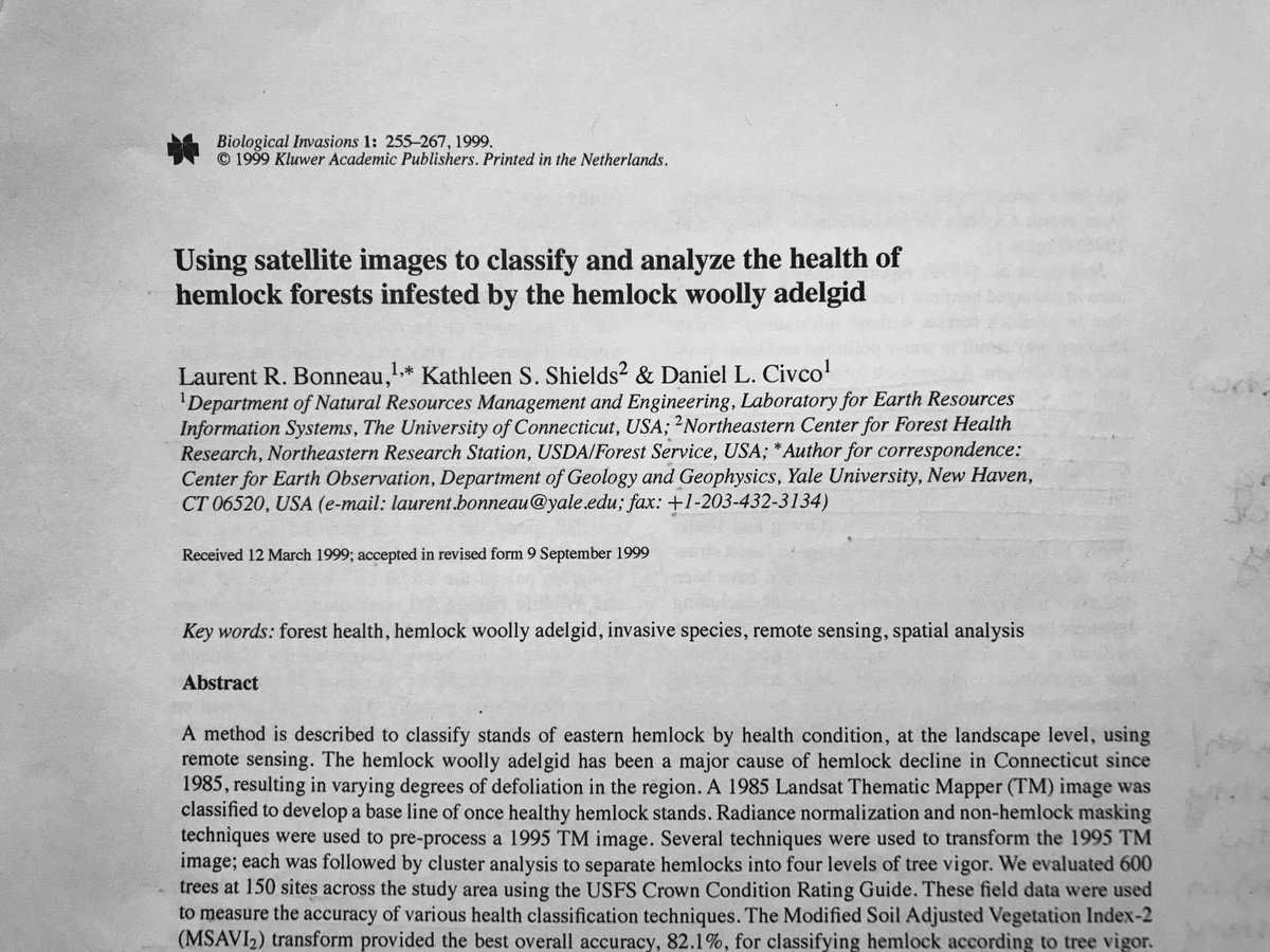 valpasq's tweet photo. 79 of #230papers Bonneau, L. R., Shields, K. S., & Civco, D. L. (1999). Using satellite images to classify and analyze the health of hemlock forests infested by the hemlock woolly adelgid. Biological Invasions, 1(2-3), 255-267. https://t.co/JI1nCjp0SH https://t.co/LAWYimafTz