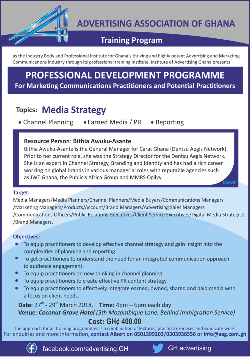 aag_ghana's tweet photo. We're just about a week away! Have you registered? Call us on 0303 938556 or email: info@aag.com.gh for registration form.
#trainingprogram #professionaldevelopment #branding #StrategicPlan #communications #CitiCBS #KPMG #Ghana #awmapress4progress #JoySMS #DriveOnJoy https://t.co/YR73MiBfEC