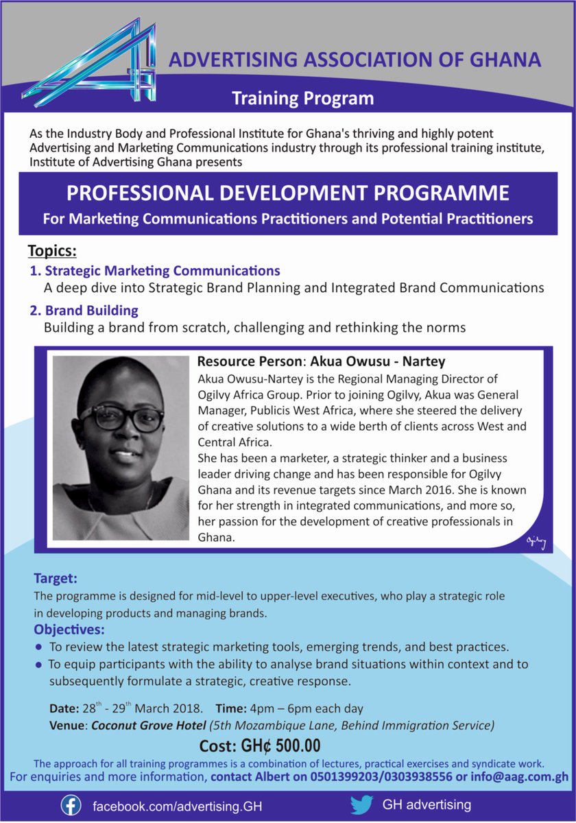 aag_ghana's tweet photo. We're just about a week away! Have you registered? Call us on 0303 938556 or email: info@aag.com.gh for registration form.
#trainingprogram #professionaldevelopment #branding #StrategicPlan #communications #CitiCBS #KPMG #Ghana #awmapress4progress #JoySMS #DriveOnJoy https://t.co/YR73MiBfEC