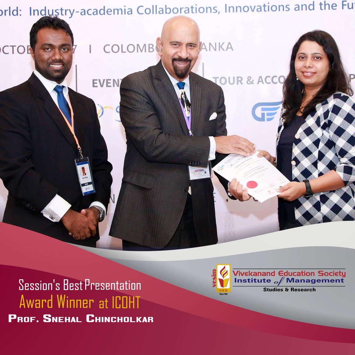 VESIMspeaks's tweet photo. Honoured to have faculties like Prof. Snehal, who've made us proud by winning Session's Best Presentation #Award (For Technical Session on Tourism Marketing) at 5th International Conference #Hospitality & #Tourism Management (#ICOHT) 2017 held at Colombo, Sri Lanka.
#VESIM https://t.co/br7ZaGJBMO