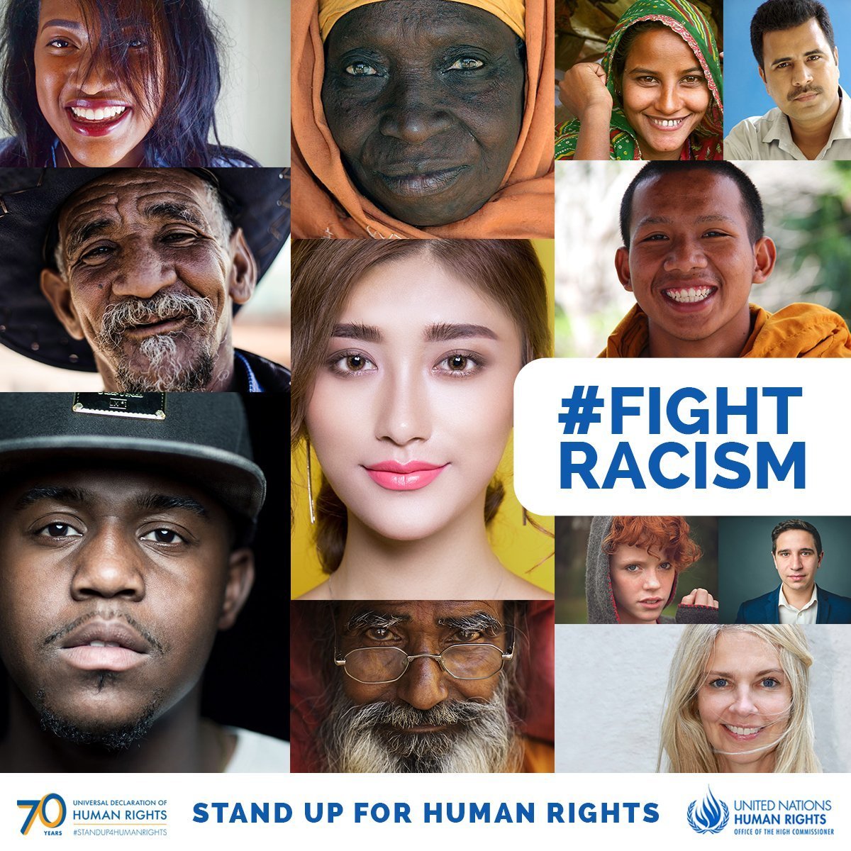 Photo with 12 people of different backgrounds with hashtag fight racism.