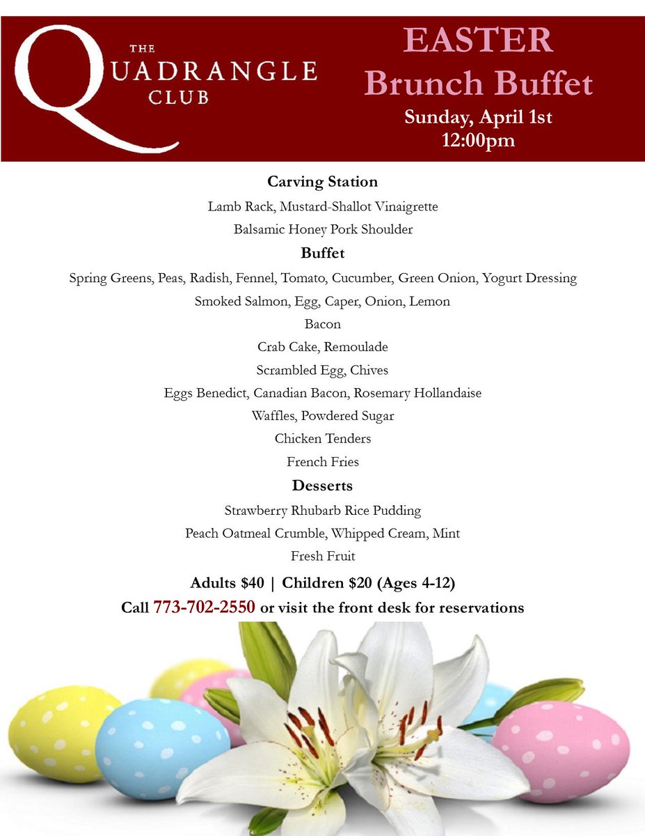 QuadClub's tweet photo. Make your reservations for Easter Brunch!
#Easter #brunch #food #dining #finedining #chicago #uchicago #hydeparkchicago #events #eastersunday https://t.co/ITFOlI9tiO