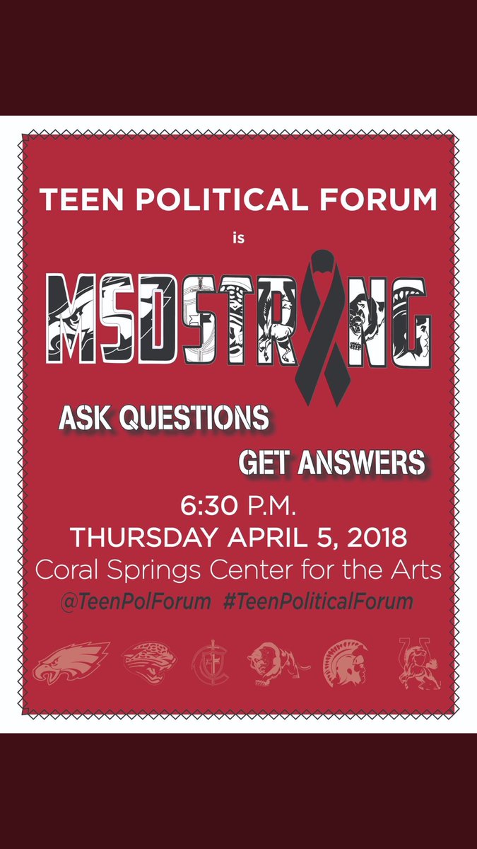 Colts!!!!!! Come out to #TeenPoliticalForum April 5th @ Coral Springs Center for the Arts and ask elected officials YOUR questions! TPF is #MSDStrong <a href="/TeenPolForum/">Teen Political Forum</a> <a href="/principalCSHS/">Coral Springs High School - Home of the Colts</a> <a href="/LarryVignola/">Larry Vignola</a>