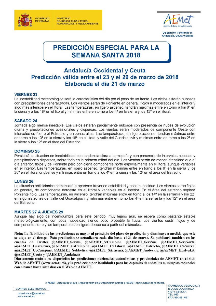 Predicción especial para la Semana Santa 2018 ofrecida por la AEMET