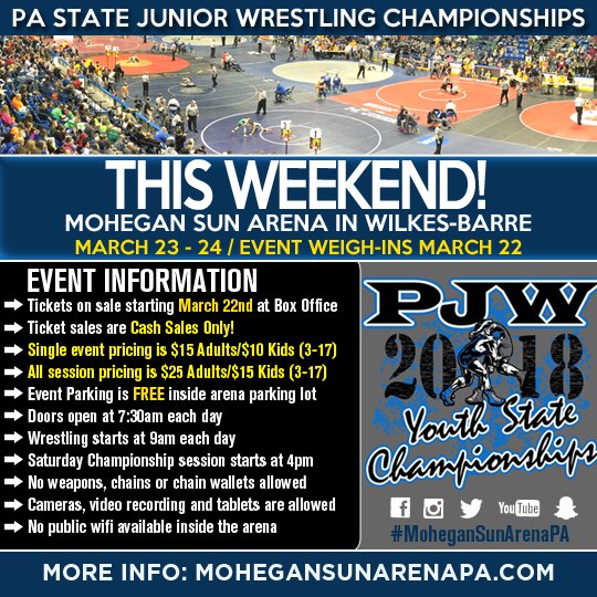 Nearly 1,200 youth wrestlers from across the state of PA will battle it out in #WilkesBarre this weekend at <a href="/MoheganSunArena/">MoheganSunArena</a> at the 56th Annual <a href="/PaJrWrestling/">PA Jr Wrestling</a> State Championships. Here's what you need to know to help plan your trip. More info at pajw.org