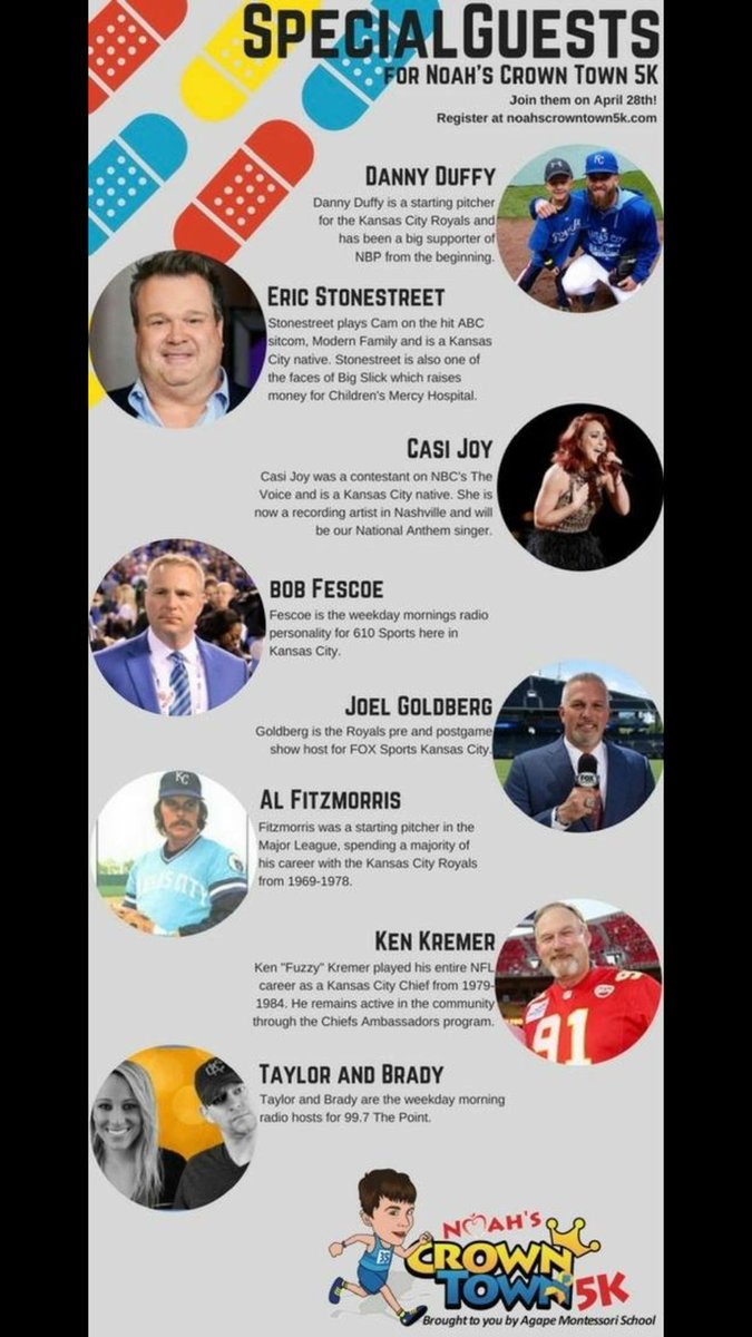 Join us this April for the 3rd annual Noah’s Crown Town 5K honoring <a href="/NBP_Bandages/">Noah's Bandage Project</a> and all proceeds go to pediatric cancer research. Check out this special guest list in the pic and register today register.chronotrack.com/r/35430