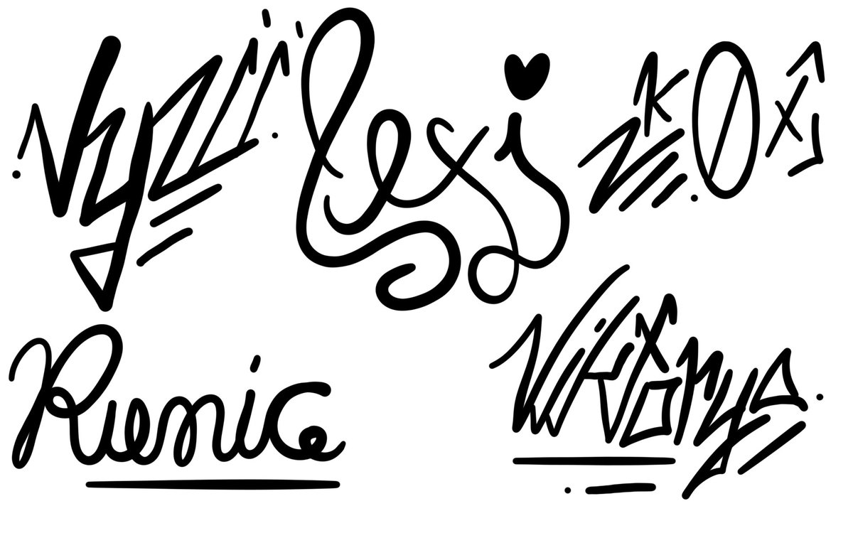 self sig + friends! Bored in class as usual. These might become a daily thing. #signature #design #art #GraphicDesign #graphicart #digitalart 💜