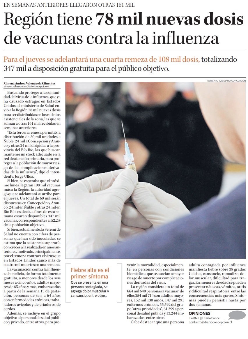 seremisalud8's tweet photo. Ya van 239 mil dosis de vacunas contra la influenza distribuidas a los centros asistenciales de la región, para que las personas que conforman los grupos de mayor riesgo accedan gratis a esta protección segura y de calidad que entrega el Estado. https://t.co/graE2BcNtk https://t.co/5fFOqxxN0D