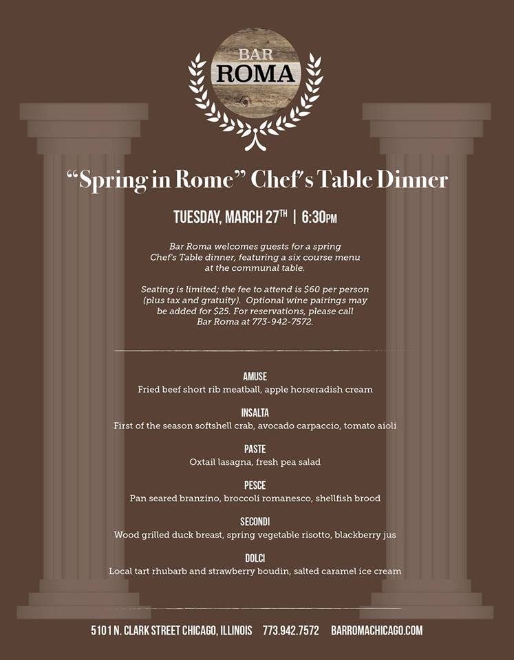 BarRomaChicago's tweet image. Our "Spring in Rome" Chef's Table dinner is nearly sold out! To reserve your seat, call 773-942-7572. #springinrome #communaltable #chefstable #andersonville #barroma #italian #prixfixe #winedinner #chicago #romancuisine