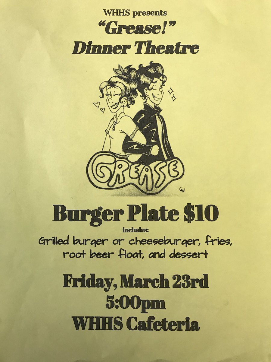 You can get your tickets to the musical  early by stopping by the counseling office or at the door. $8 for adults; $5 for students/kids. Shows Thurs. 3/22, Fri. 3/23, and Sat. 3/24 at 6:30pm. Make it a date night on Friday with $10 Burger Plate.
