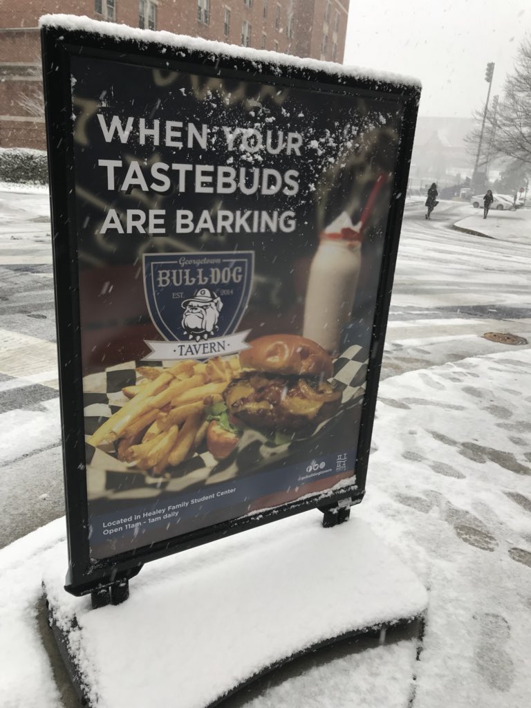 GUBulldogTavern's tweet photo. Due to the snowy weather ❄️ Bulldog Tavern will be closed today. Check https://t.co/OjH8n4SPC8 for alternative meal locations today. https://t.co/3eHFwwRnRc
