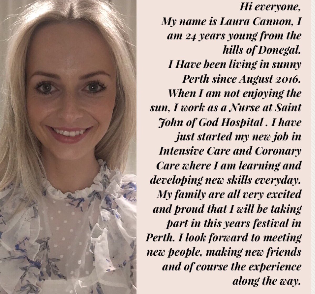 Perth_Rose's tweet photo. Welcome Laura Cannon our next 2018 Perth Rose entrant! ๐น
For the next couple of weeks we will be uploading a little bio and photo of all our ladies, please share, comment, tag and show support for your Rose! @RoseofTralee_ #perthrose https://t.co/UiEjT0H9kj