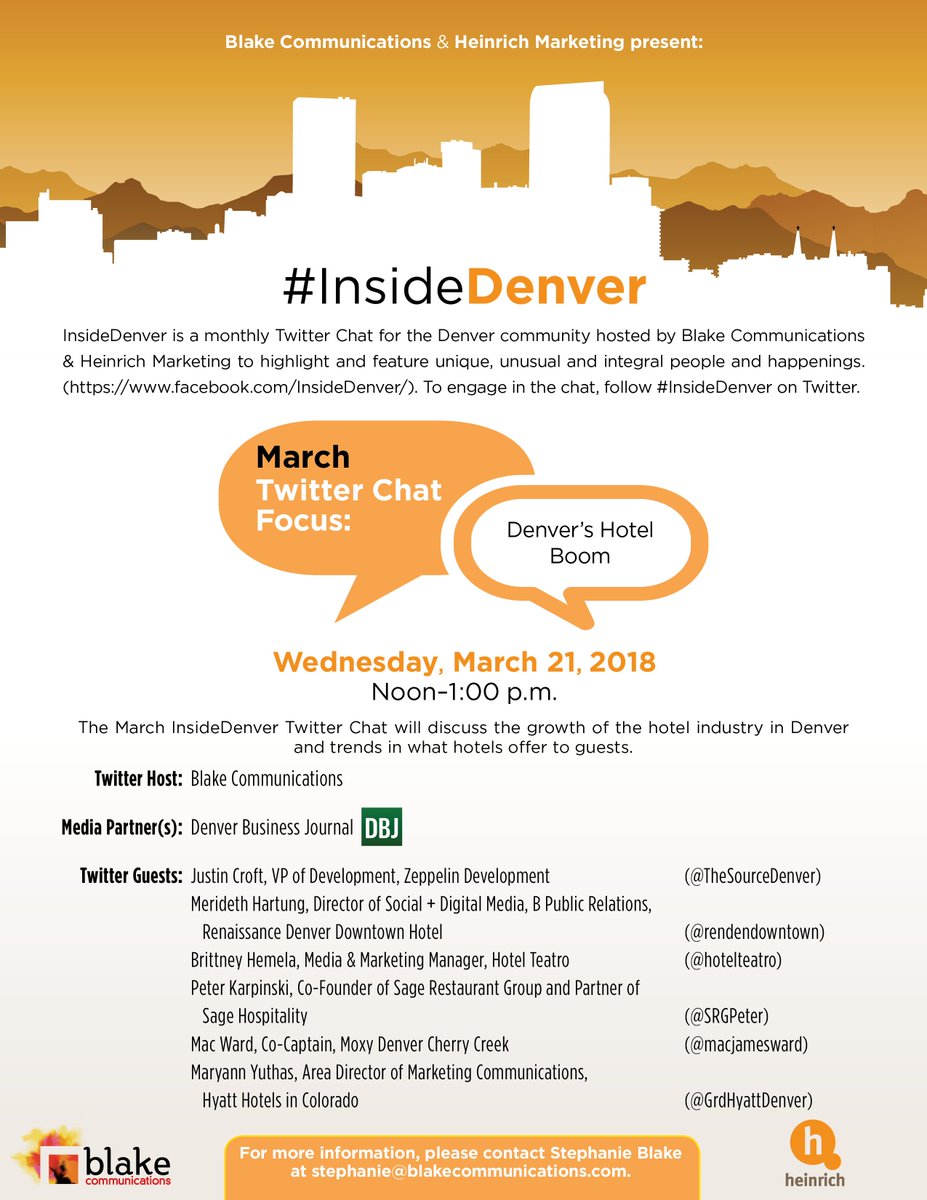 Today's the day! Be part of the #InsideDenver #TwitterChat about Denver's Hotel Boom w/guests: <a href="/GrdHyattDenver/">Grand Hyatt Denver</a> <a href="/macjamesward/">touchet swift</a> @SRGPeter
<a href="/hotelteatro/">HotelTeatro</a> <a href="/rendendowntown/">Renaissance Denver</a> and <a href="/TheSourceDenver/">The Source</a>. #Denver #RealEstate #Tourism #Economy #Finance #Hospitality #Marketing #PublicRelations