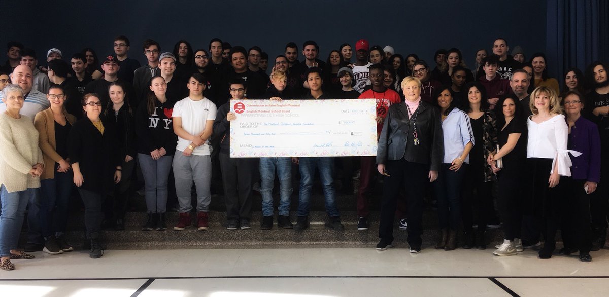 Perspectives 1&amp;2 staff and students present a cheque of over $7,000 to the @HopitalChildren on behalf of the Ellie White tribute fund. <a href="/EnglishMTL/">English Montreal School Board</a>#weareEnglishmtl #EMSBsca