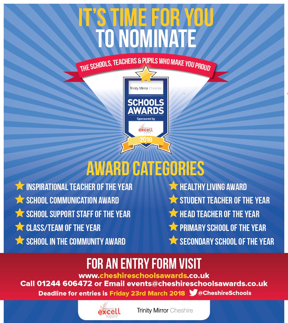 CheshireSchools's tweet image. Don't forget to enter your school, teacher, class ANYONE you think deserves a nomination! @ChesterChron @ExcellSupply Schools Awards are FREE to enter &amp;amp; if your nomination is chosen you will join us at a FREE celebratory lunch &amp;amp; award ceremony! Nominate at cheshireschoolsawards.co.uk