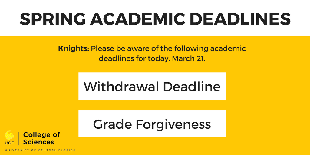 UCF_COSAS's tweet photo. TODAY marks the @UCF Spring 2018 Withdrawal and Grade Forgiveness deadlines.

If you need assistance with either of these processes, make sure to visit your respective advising office before leaving campus! https://t.co/QtNwaa2Jyx