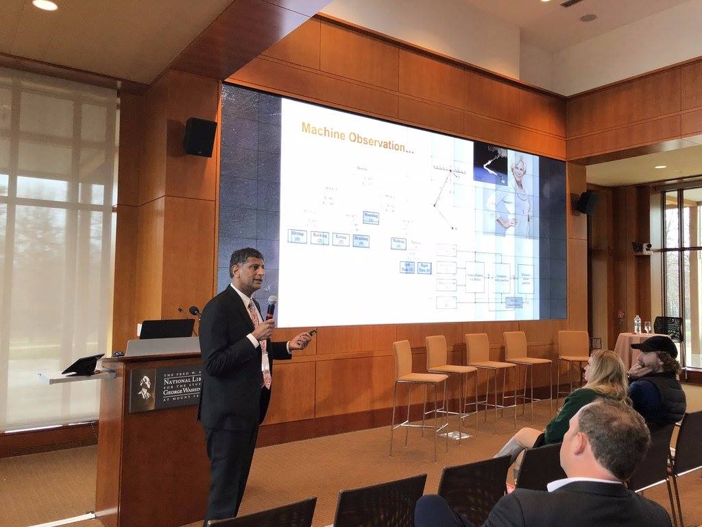 CarePredict's tweet photo. Satish Movva, CEO CarePredict Presenting For Carlyle Global Summit. 
@CarePredict can empower you with the tools to provide high quality senior care. 
#AI #senior #machinelearning #digitalhealth #ML #health #falls 
Photo via @startuphealth https://t.co/gf6lnrGByz