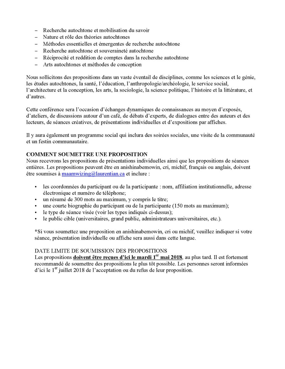 The Call for Papers is out! Deadline is May 1st, 2018. Please see laurentian.ca/faculty/arts/i… for more information on how to submit! #IndigenousResearch #MinoBmaadiziwin #Maamwizing2018
