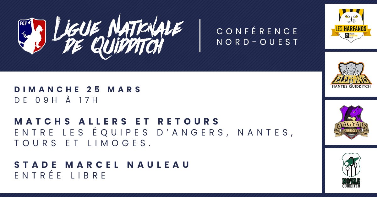 angersquidditch's tweet photo. DIM 25/03 : Ligue Nationale de #Quidditch 9h-17h au Stade M. Nauleau @Angers https://t.co/2omW20EQRB @angersinfo @ofangers49 @courrierouest @campusangers @Angers_Tele @Jeunes_Angers @FranceQuidditch @mavilleangers @LaDalleAngevOFF https://t.co/puEVWLm9Q5