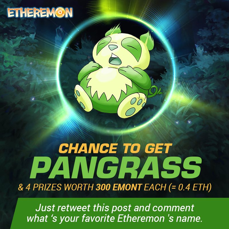 myetheremon's tweet photo. To celebrate Etheremon to be the first decentralized game implements successfully off-chain battle mode, we're giving away 1 limited edition Pangrass and 4 prizes worth 300 EMONT each (= 0.4 ETH). Just RT this tweet with a comment on your favourite Etheremon. Time to battle! https://t.co/yyZx2X7yND