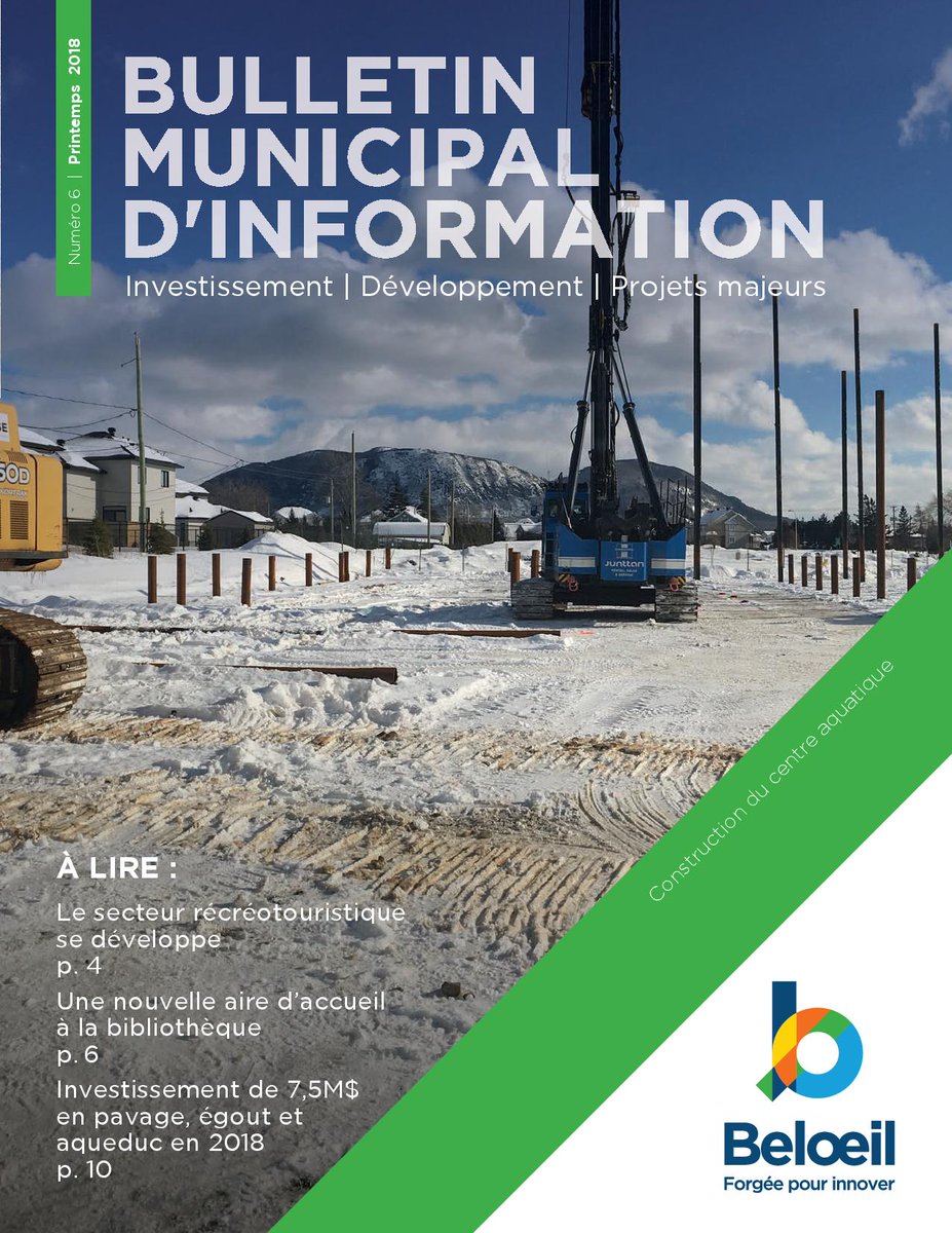 La nouvelle édition du bulletin municipal d'information sur les investissements, le développement et les projets majeurs de la Ville de #Beloeil est en ligne. bit.ly/2HU2VED