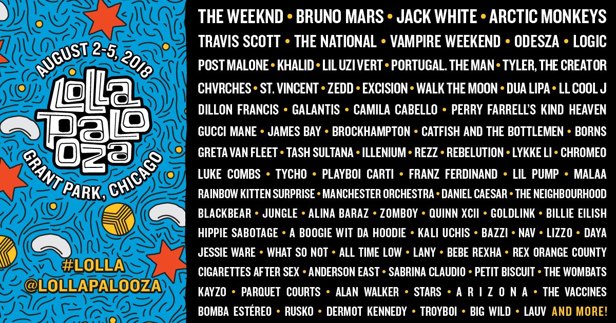 We’re bringing The Weeknd, Bruno Mars, Jack White, Arctic Monkeys + more to Grant Park for #Lolla 2018! Grab your 4-Day Tickets and get ready for the party of the summer. bit.ly/2FR0PsV 🍕😎👩🏽‍🎤🦄🐻🐸🍍🍻🎈🎉