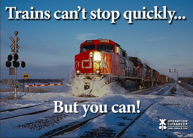 USDOTFRA's tweet photo. Trains don't brake like cars do. A train traveling at 55 miles per hour can take a mile or more to stop. #WednesdayWisdom https://t.co/Hmp0E5dW7U
