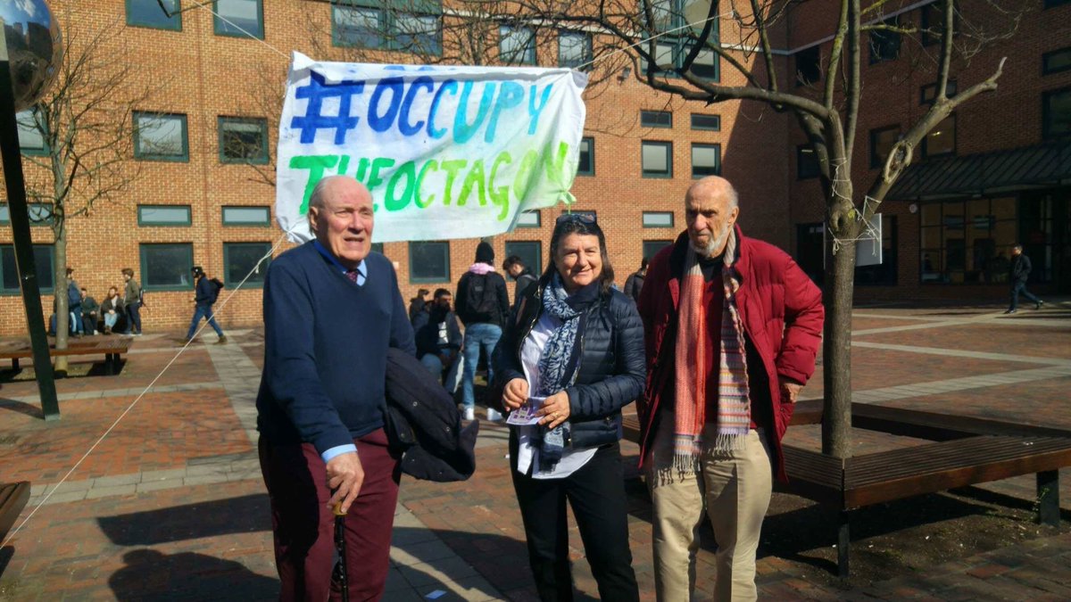 qmoccupy's tweet photo. Professor Richard Falk (UN special rapporteur for Palestinian human rights), Professor Hilal Elver (UN Special rapporteur on the right to food), and Jeremy Keenan (Professor in social anthropology) stopped over during our demo and offered their support! #OccupyTheOctagon https://t.co/4ZtzqNV43s