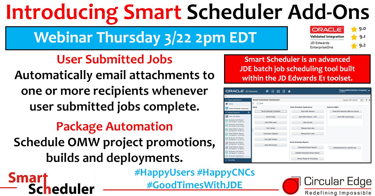 #JDEdwards Webinar: Introducing Smart Scheduler Add-Ons for User Submitted Jobs &amp; Package Automation ow.ly/ntNl30j4Tho #HappyUsers #HappyCNCs #GoodTimesWithJDE