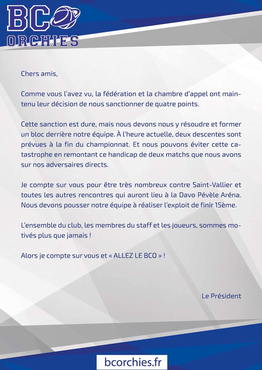 "Chaques matchs sera une finale à gagner 🏆 " 
On ne calcule plus, tous ensemble nous pouvons y arriver 🔵⚪ 

Tous à la DAVO 🏟 !!
📆 Mardi 27 mars 
🕗 20H

Exprimez votre détermination 🗣📣💪
 
#StayStrong #Motivation #TogetherStronger <a href="/ffbasketball/">Fédération Française de BasketBall</a>  #determination