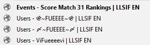 Alfy_poi's tweet photo. I have scanned the event rankings for all #FUEEEE and #EUT until Tier 3. Below is FUEEEE in T1, T2, T3 respectively and all EUT up until T3. @momofuee and @ArishaPH_ thx for making SM a better place. #LLSIF https://t.co/xgeDFHBNdN
