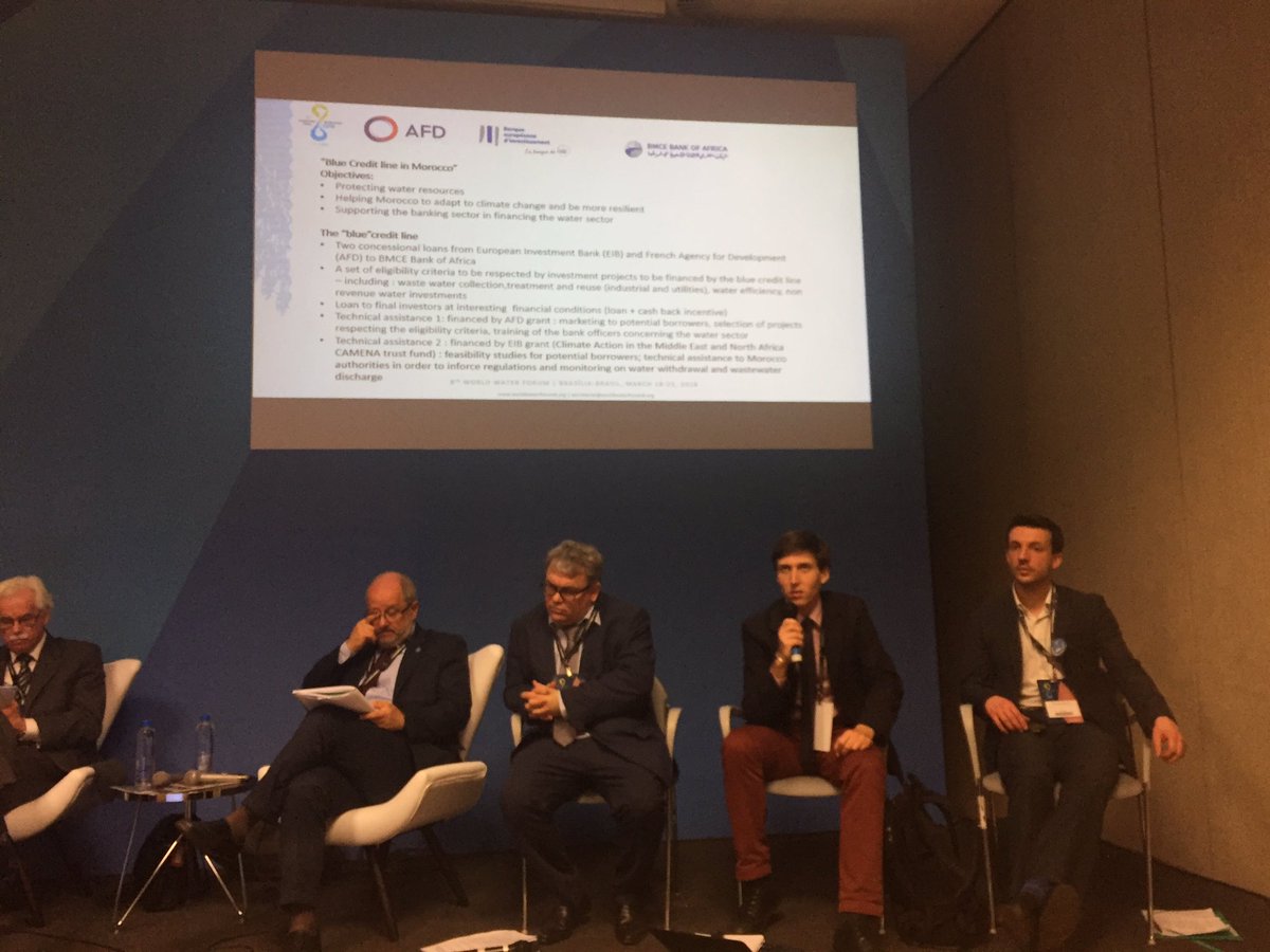 francoisjl's tweet photo. At #waterforum8 synergies between #SDG6 and #climatechange. Retail banks can help. Blue credit line of BMCE Bank of Africa in #Morroco offers conditionnal and concessional loans to SMEs and utilities to save and treat water. Funded by @AFD_France and @EIB https://t.co/r7T49Oa5xG