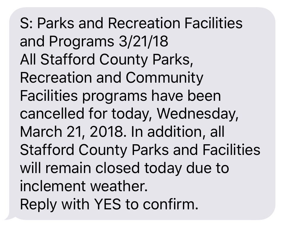 NewsNetNews's tweet photo. ⚠️❄️ #WX Most #ParksAnd Recreation Programs & Facilities CANCELLED/CLOSED Wed 21Mar18 Due to #WinterStorm @FburgVAParksRec @StaffordParks @KGCounty READ BELOW ❄️⚠️ @staffordvagov @FxbgGov https://t.co/bPFgaInNH1