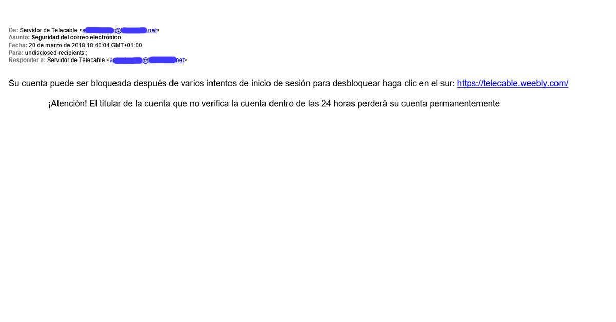 🚨 ¡Ojo #Phishing! Si has recibido un email como éste, no lo abras y bórralo. Se trata de #phishing. Desde telecable jamás se solicitan credenciales por correo electrónico, ni avisamos con la cancelación de una cuenta solicitando ingresar las credenciales de acceso.